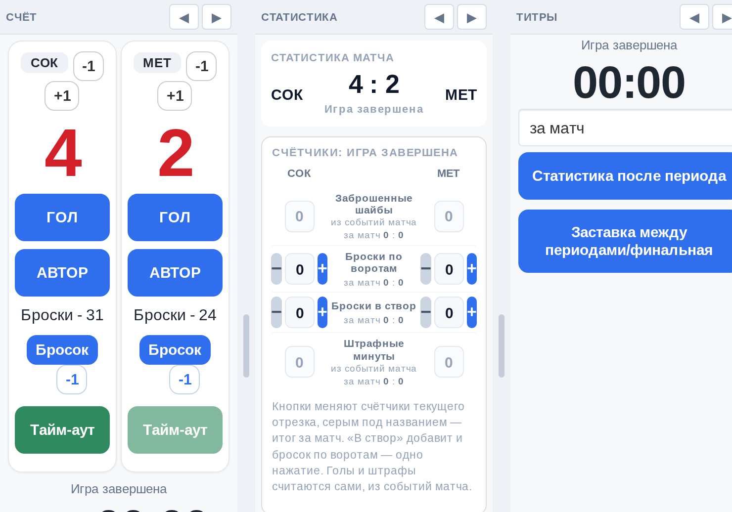 Пульт оператора GSPORT на планшете: счёт, статистика, кнопки титров и эфира