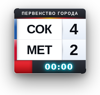 Табло в углу кадра: Соколы 4, Метеор 2